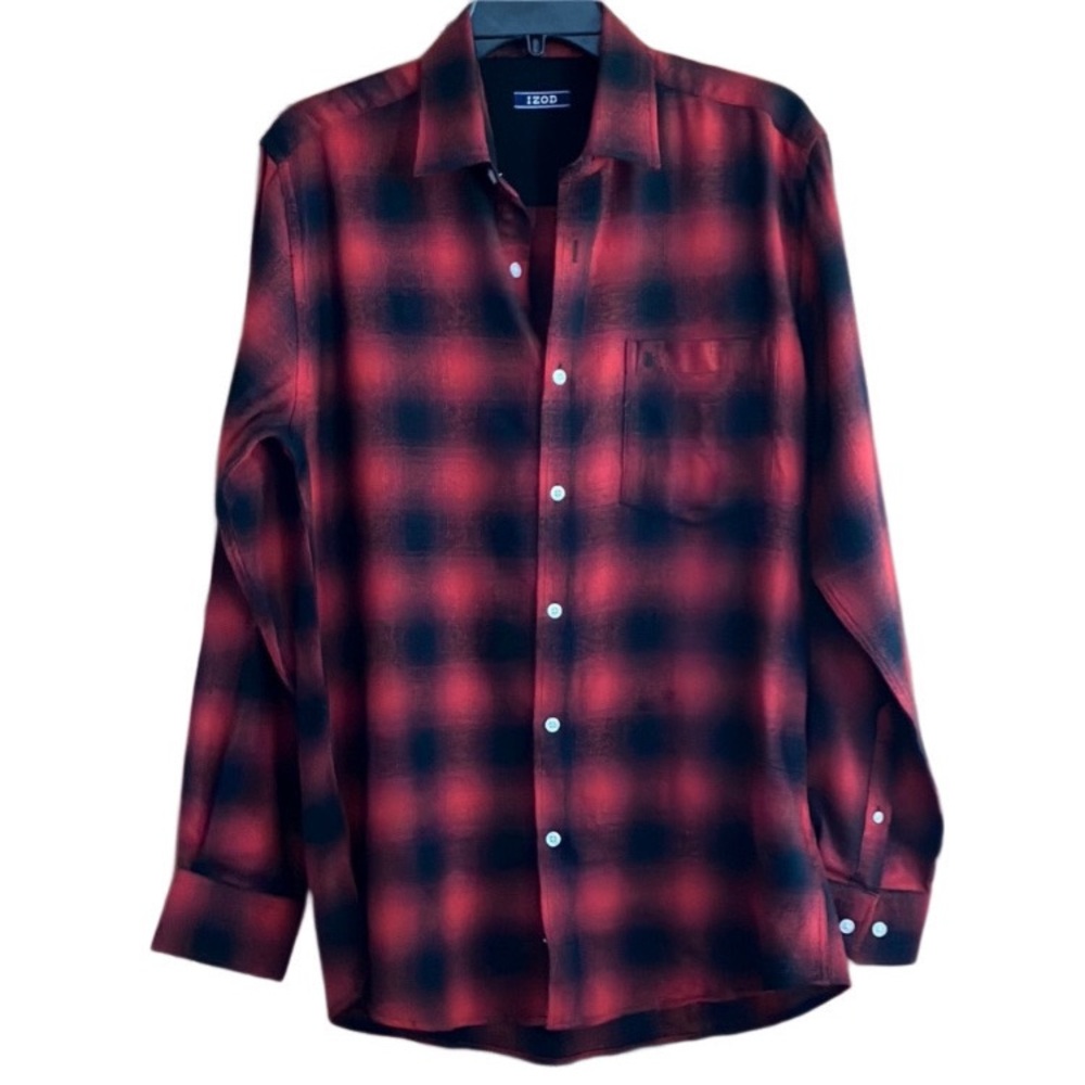 Izod Small Ombré Black and Red Cotton Flannel Plaid EUC